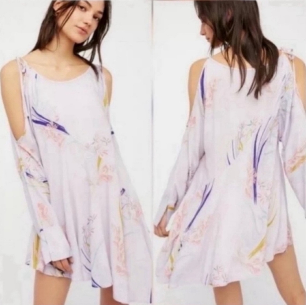 Free People Clear Skies Cold Shoulder Tunic/Dress In Lilac Floral